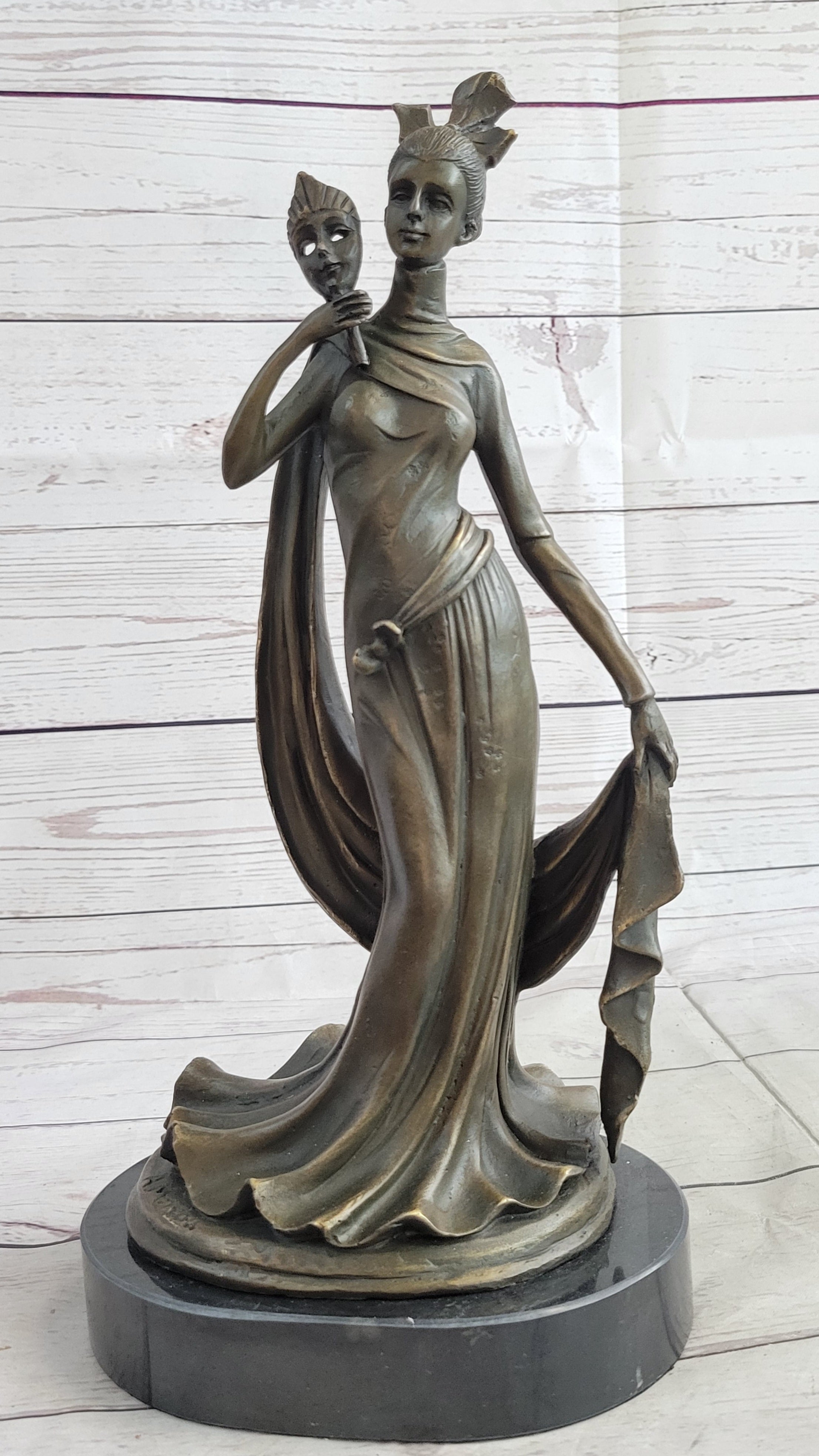 Masquerade Ball Art Deco Bronze Sculpture Holding Mask 14" x 7"