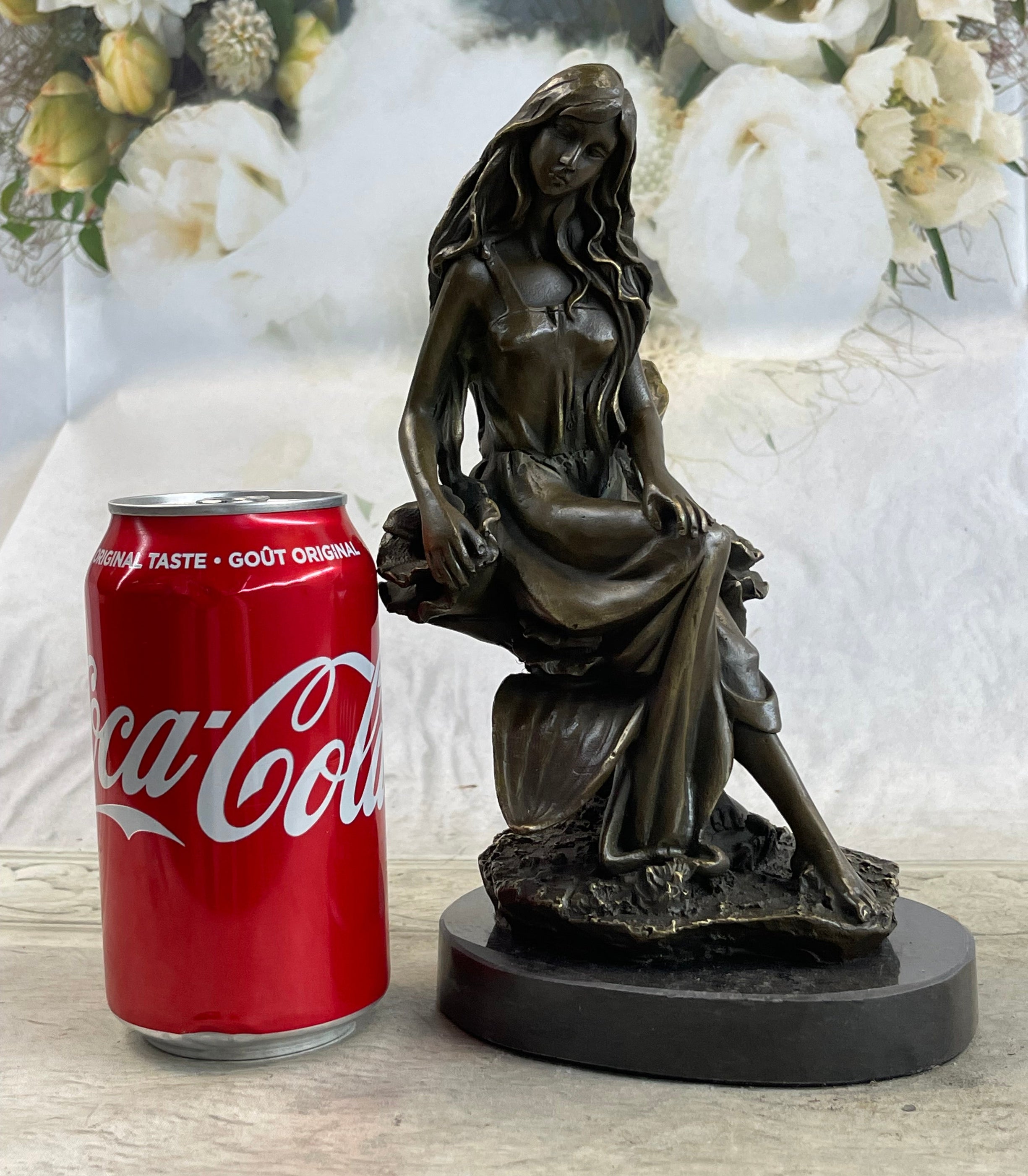 Nymph Girl Sitting on Flower Bronze Sculpture 9" x 5"