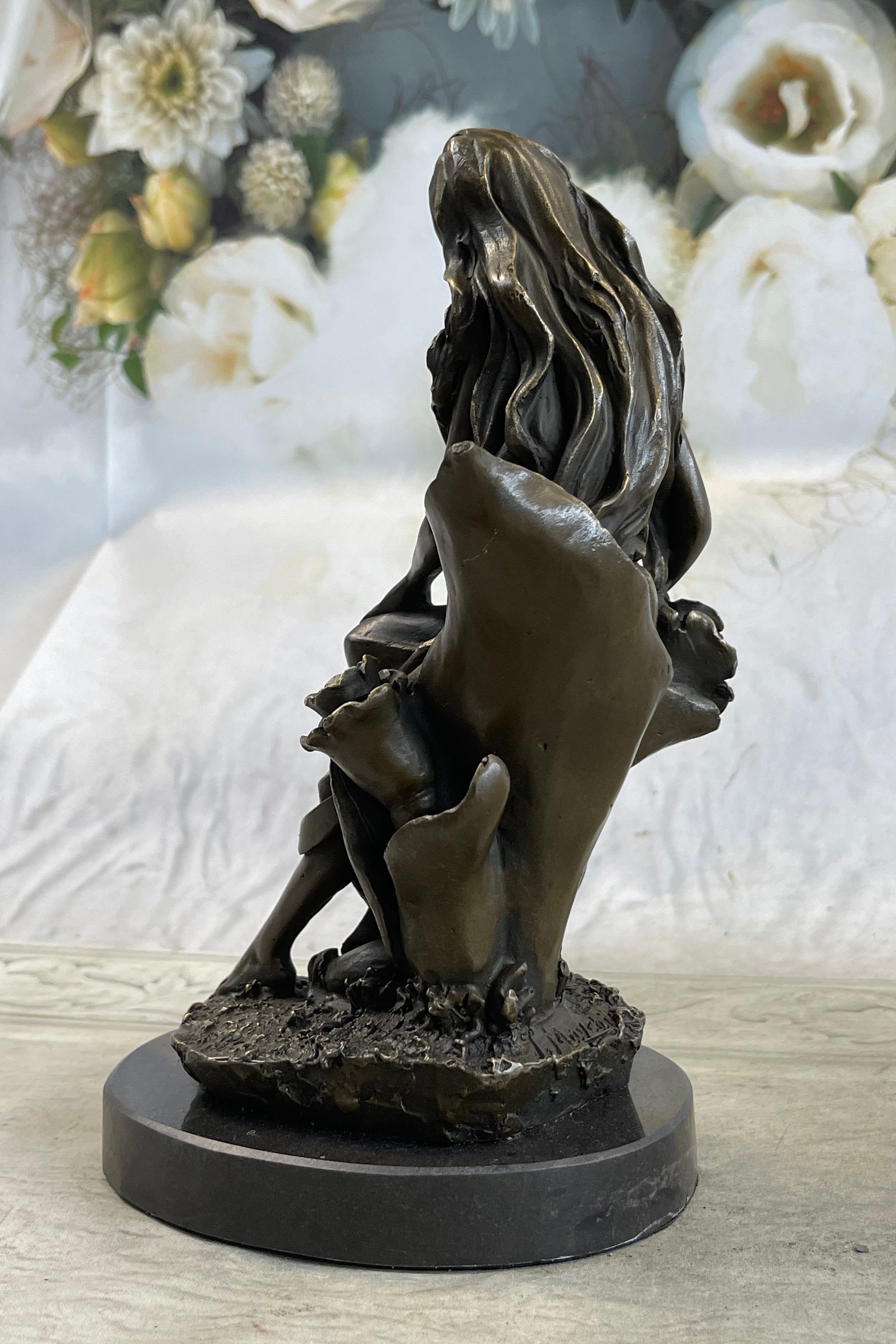 Nymph Girl Sitting on Flower Bronze Sculpture 9" x 5"