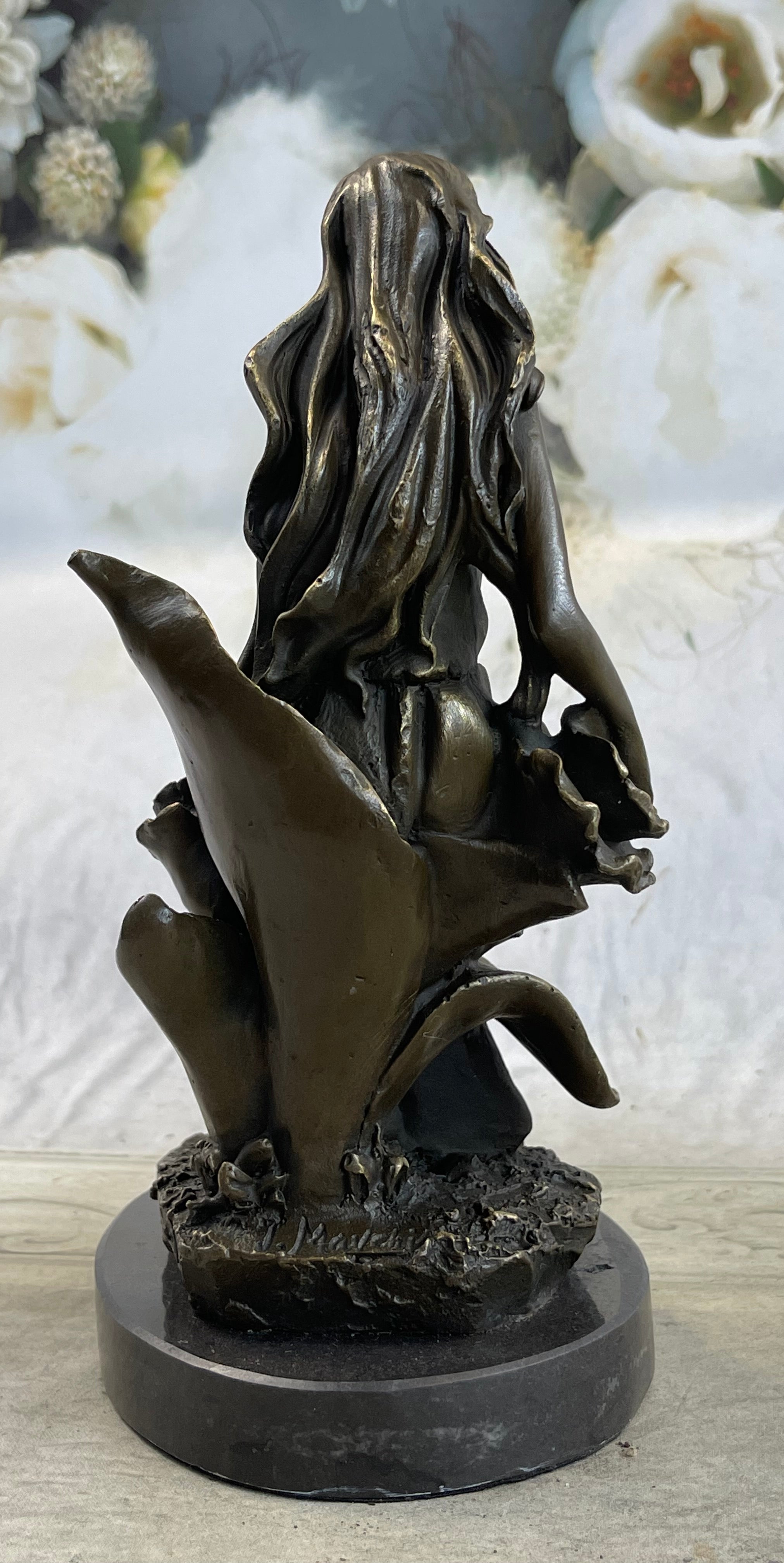 Nymph Girl Sitting on Flower Bronze Sculpture 9" x 5"