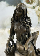 Nymph Girl Sitting on Flower Bronze Sculpture 9" x 5"