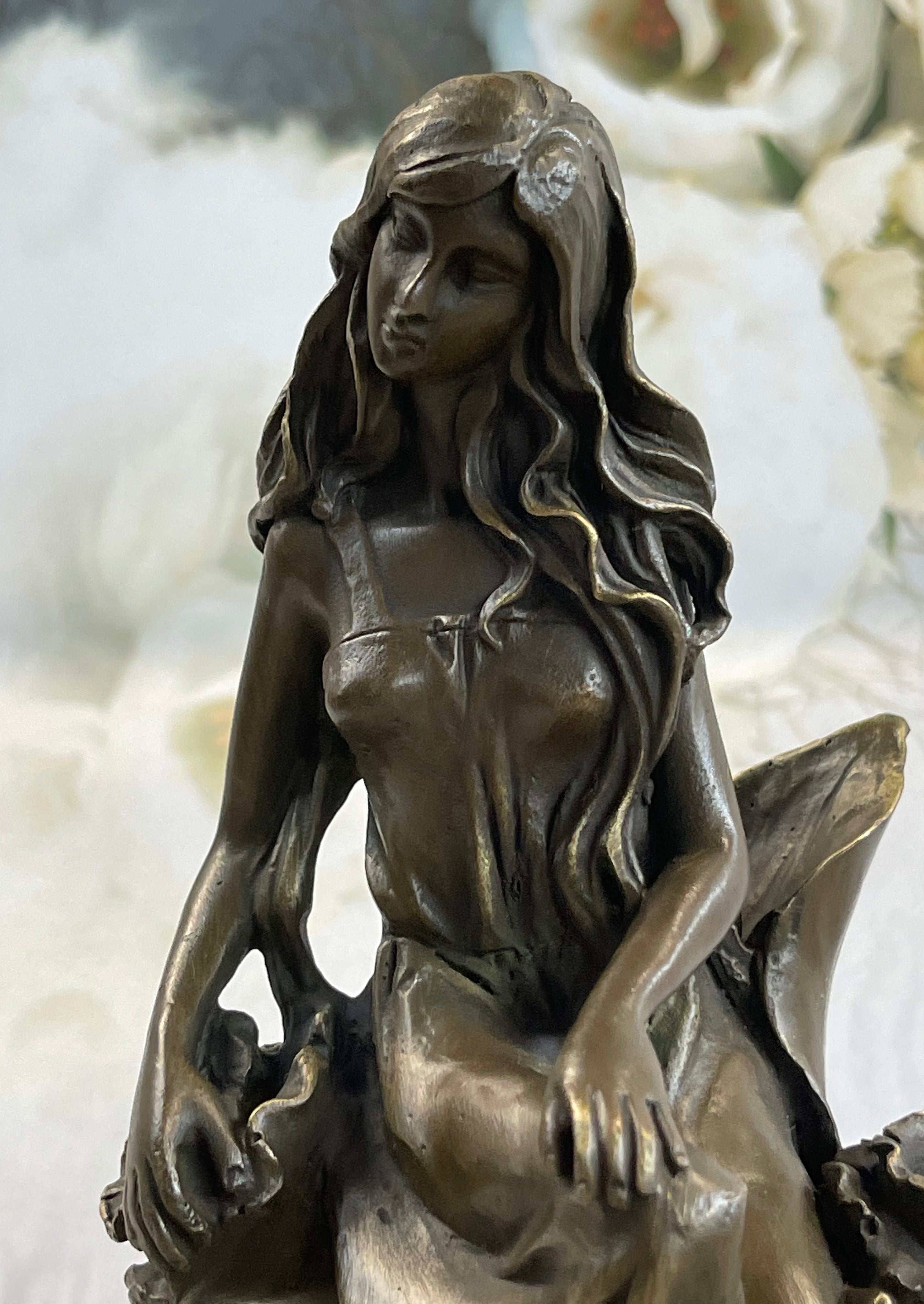 Nymph Girl Sitting on Flower Bronze Sculpture 9" x 5"
