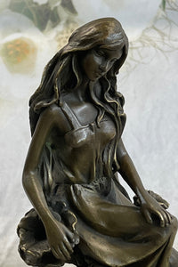 Nymph Girl Sitting on Flower Bronze Sculpture 9" x 5"