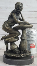 Girl Sitting on Mushroom Toadstool Alice Wonderland Bronze 10" x 5"