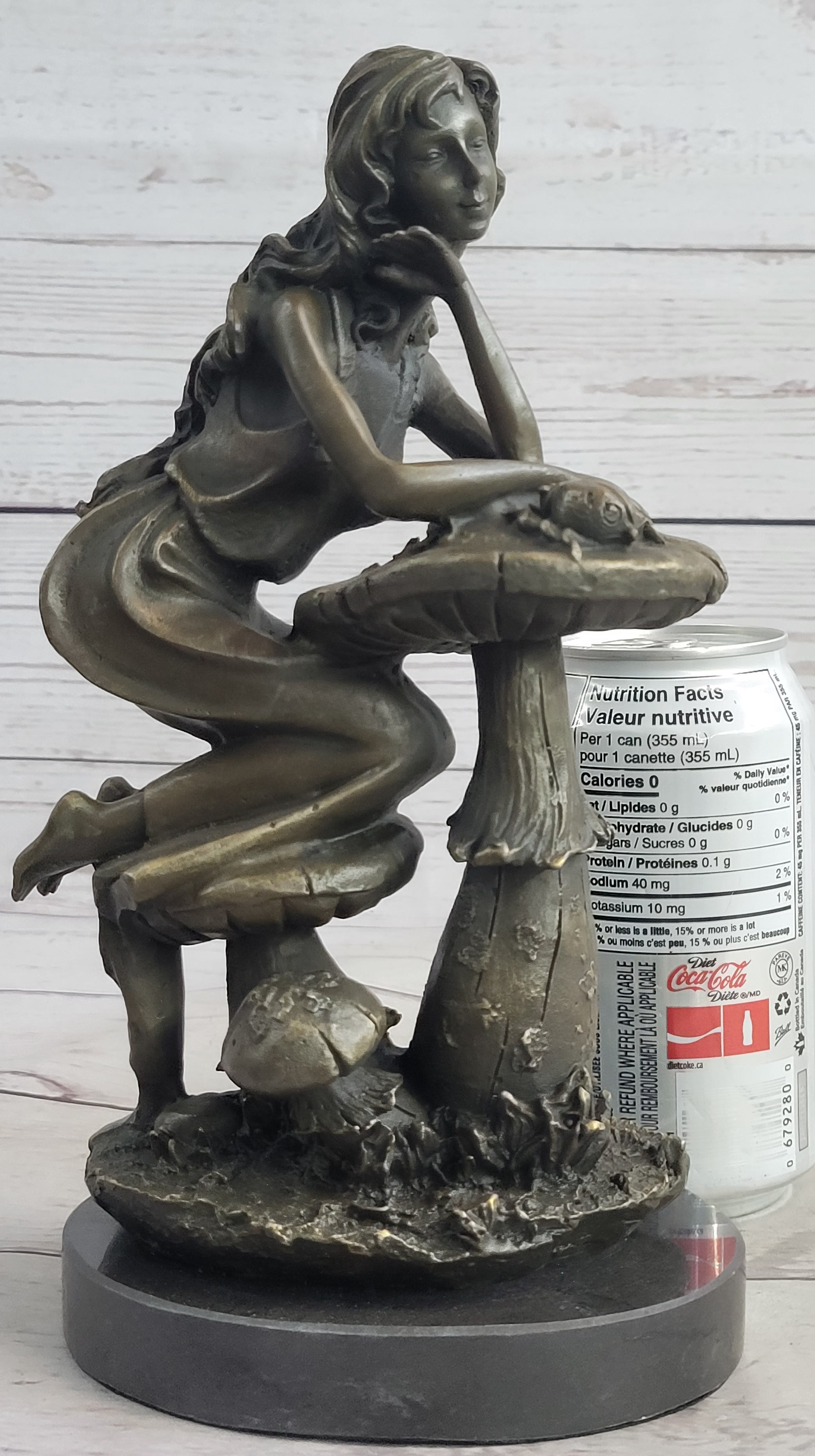 Girl Sitting on Mushroom Toadstool Alice Wonderland Bronze 10" x 5"