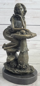 Girl Sitting on Mushroom Toadstool Alice Wonderland Bronze 10" x 5"