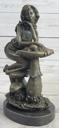 Girl Sitting on Mushroom Toadstool Alice Wonderland Bronze 10" x 5"