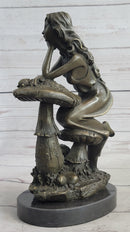 Girl Sitting on Mushroom Toadstool Alice Wonderland Bronze 10" x 5"
