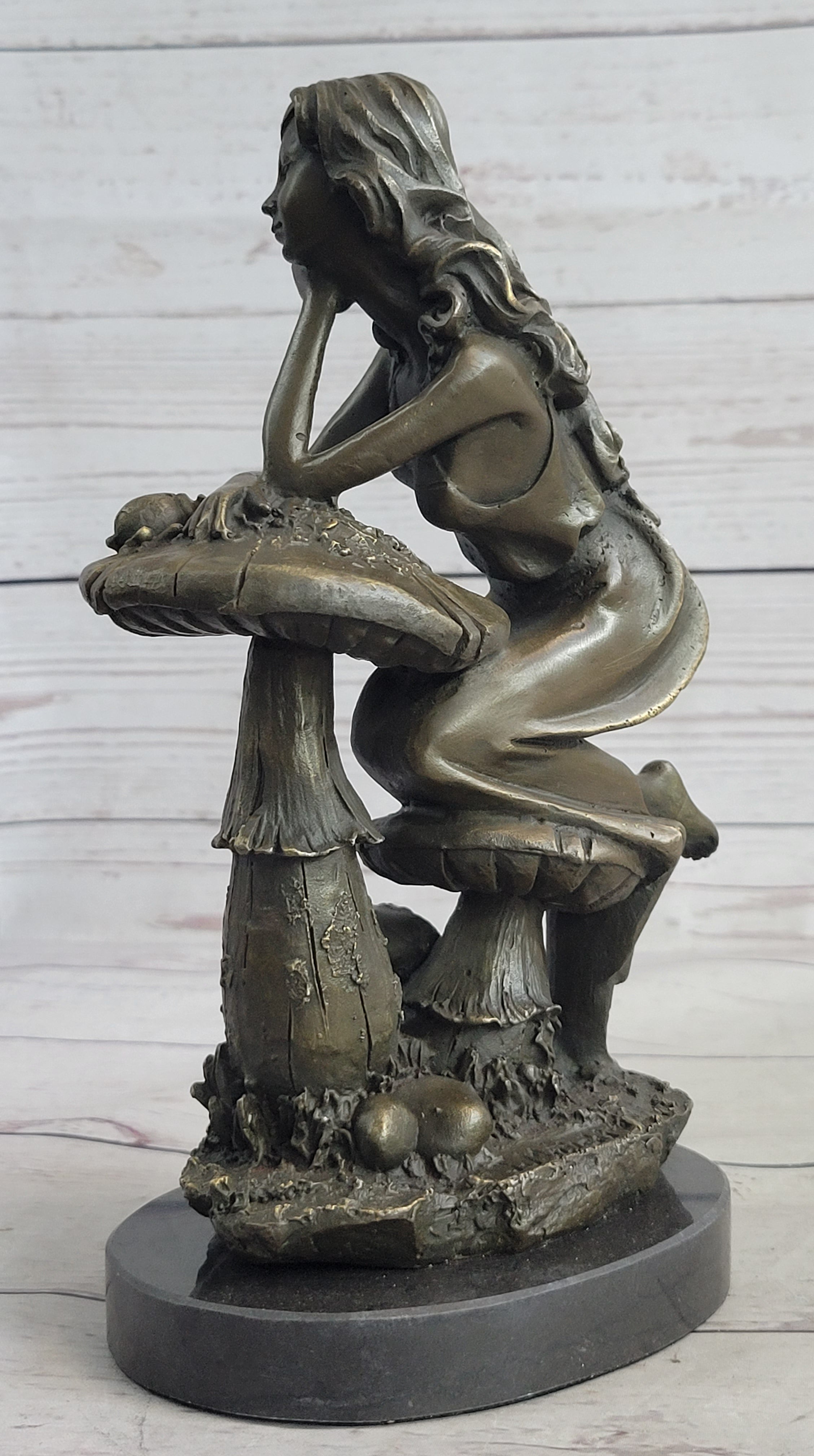 Girl Sitting on Mushroom Toadstool Alice Wonderland Bronze 10" x 5"
