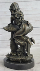 Girl Sitting on Mushroom Toadstool Alice Wonderland Bronze 10" x 5"