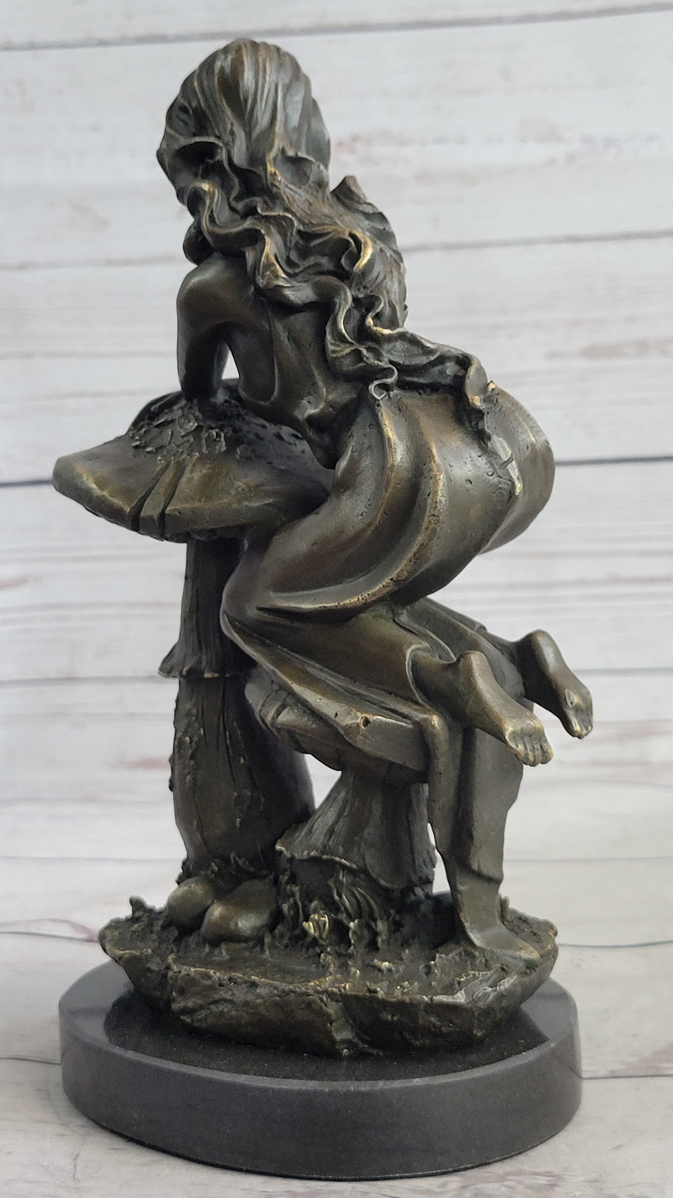 Girl Sitting on Mushroom Toadstool Alice Wonderland Bronze 10" x 5"
