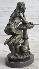 Girl Sitting on Mushroom Toadstool Alice Wonderland Bronze 10" x 5"