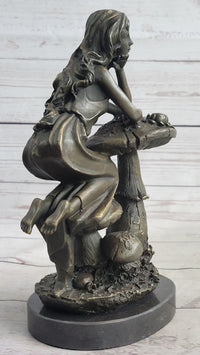 Girl Sitting on Mushroom Toadstool Alice Wonderland Bronze 10" x 5"