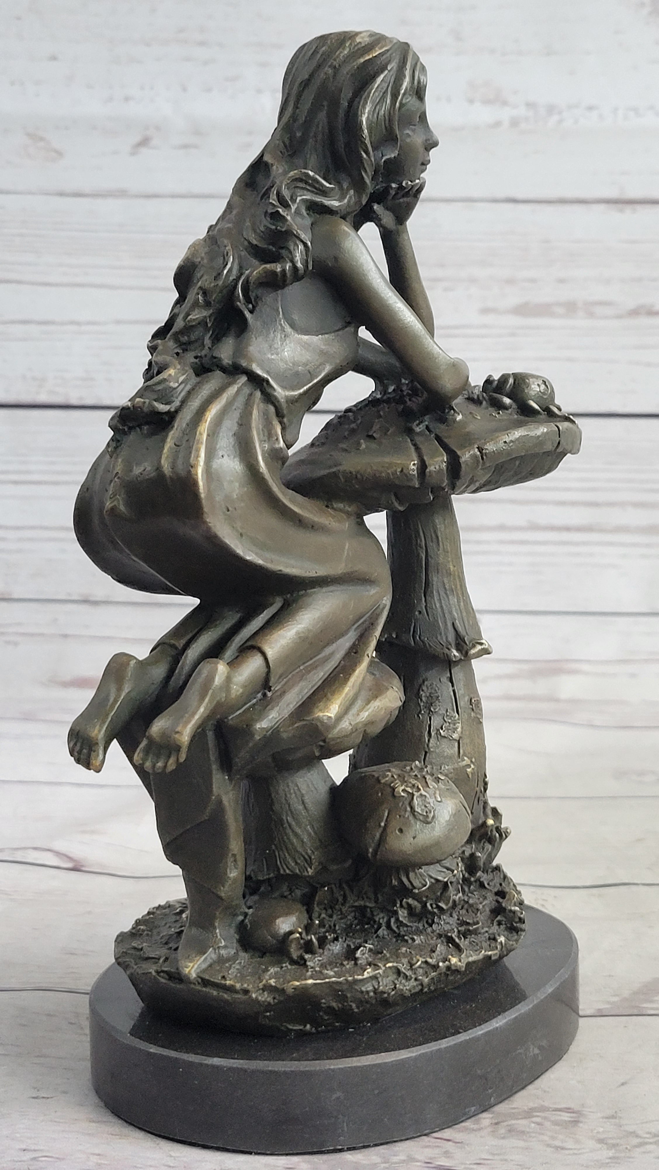 Girl Sitting on Mushroom Toadstool Alice Wonderland Bronze 10" x 5"