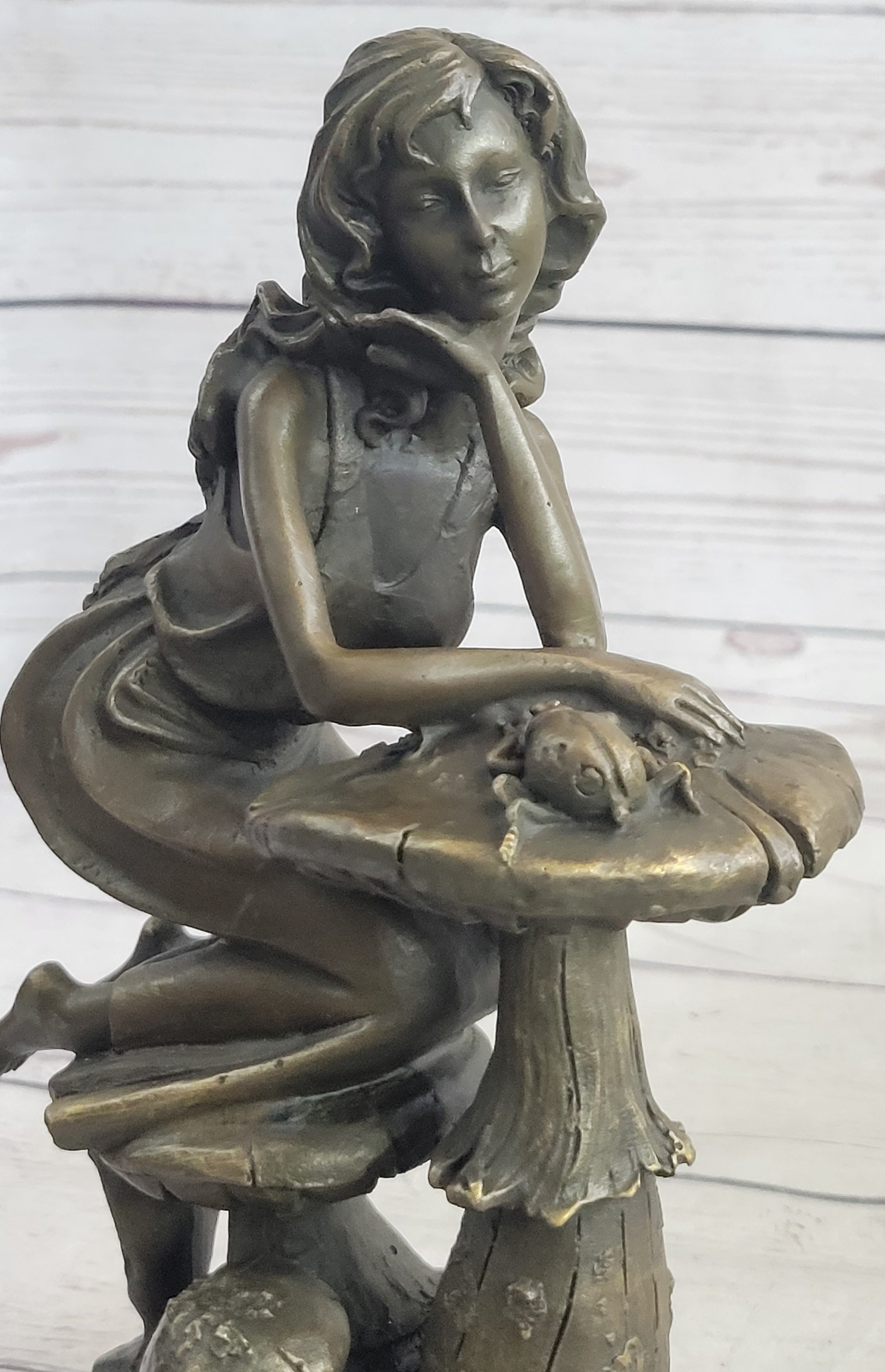 Girl Sitting on Mushroom Toadstool Alice Wonderland Bronze 10" x 5"