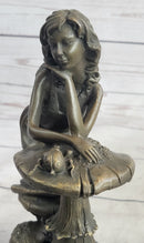 Girl Sitting on Mushroom Toadstool Alice Wonderland Bronze 10" x 5"