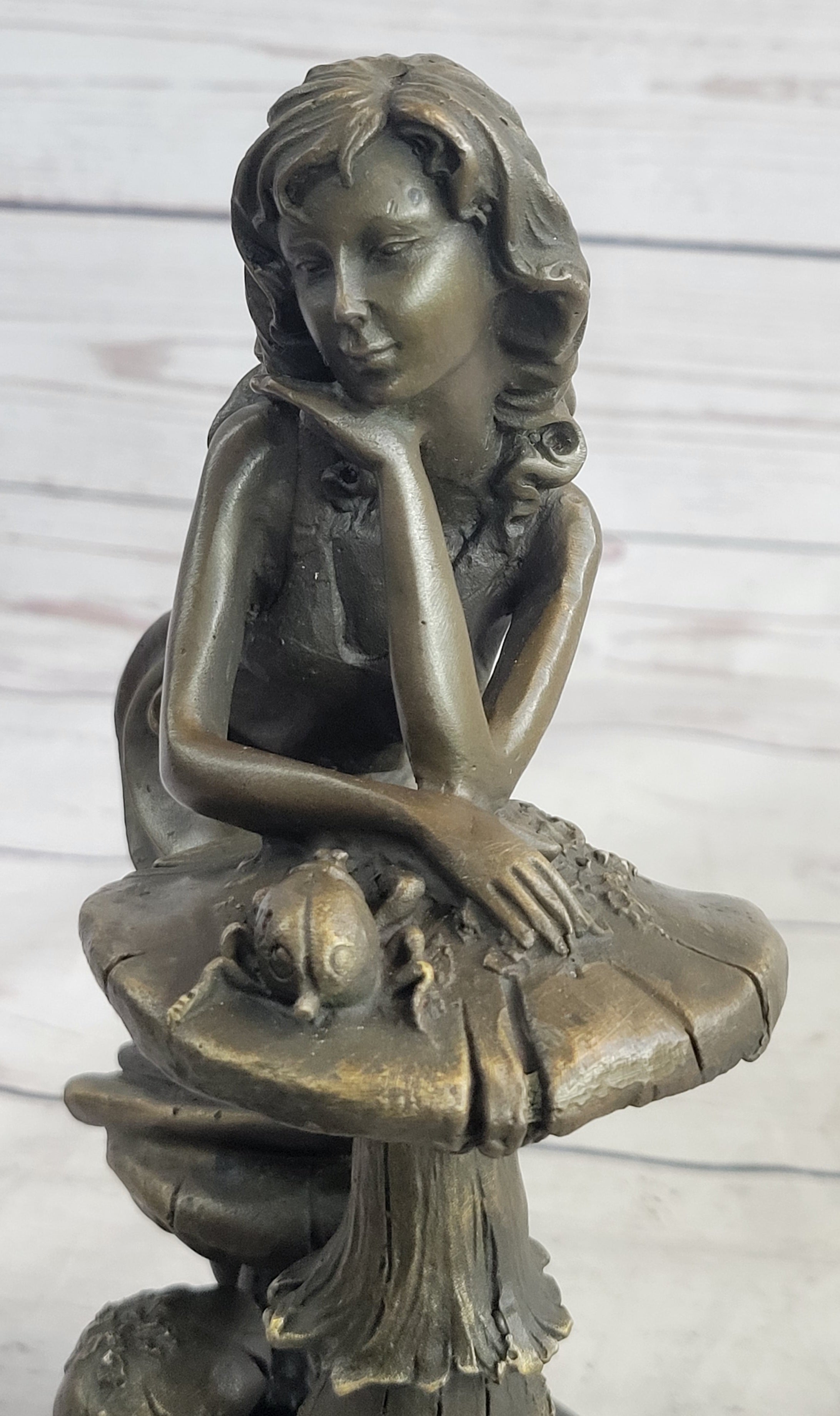 Girl Sitting on Mushroom Toadstool Alice Wonderland Bronze 10" x 5"