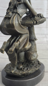 Girl Sitting on Mushroom Toadstool Alice Wonderland Bronze 10" x 5"