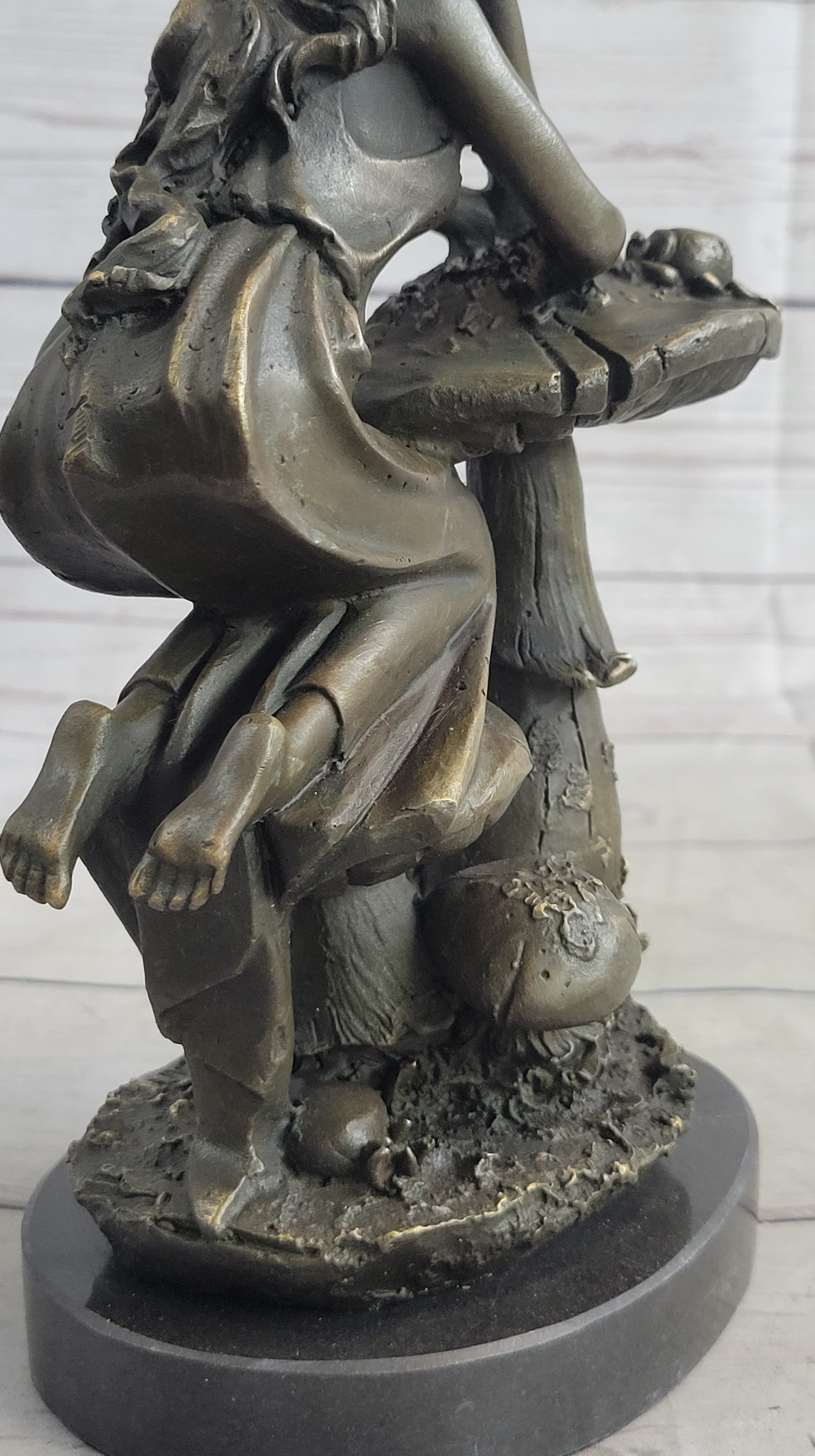 Girl Sitting on Mushroom Toadstool Alice Wonderland Bronze 10" x 5"