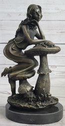 Girl Sitting on Mushroom Toadstool Alice Wonderland Bronze 10" x 5"