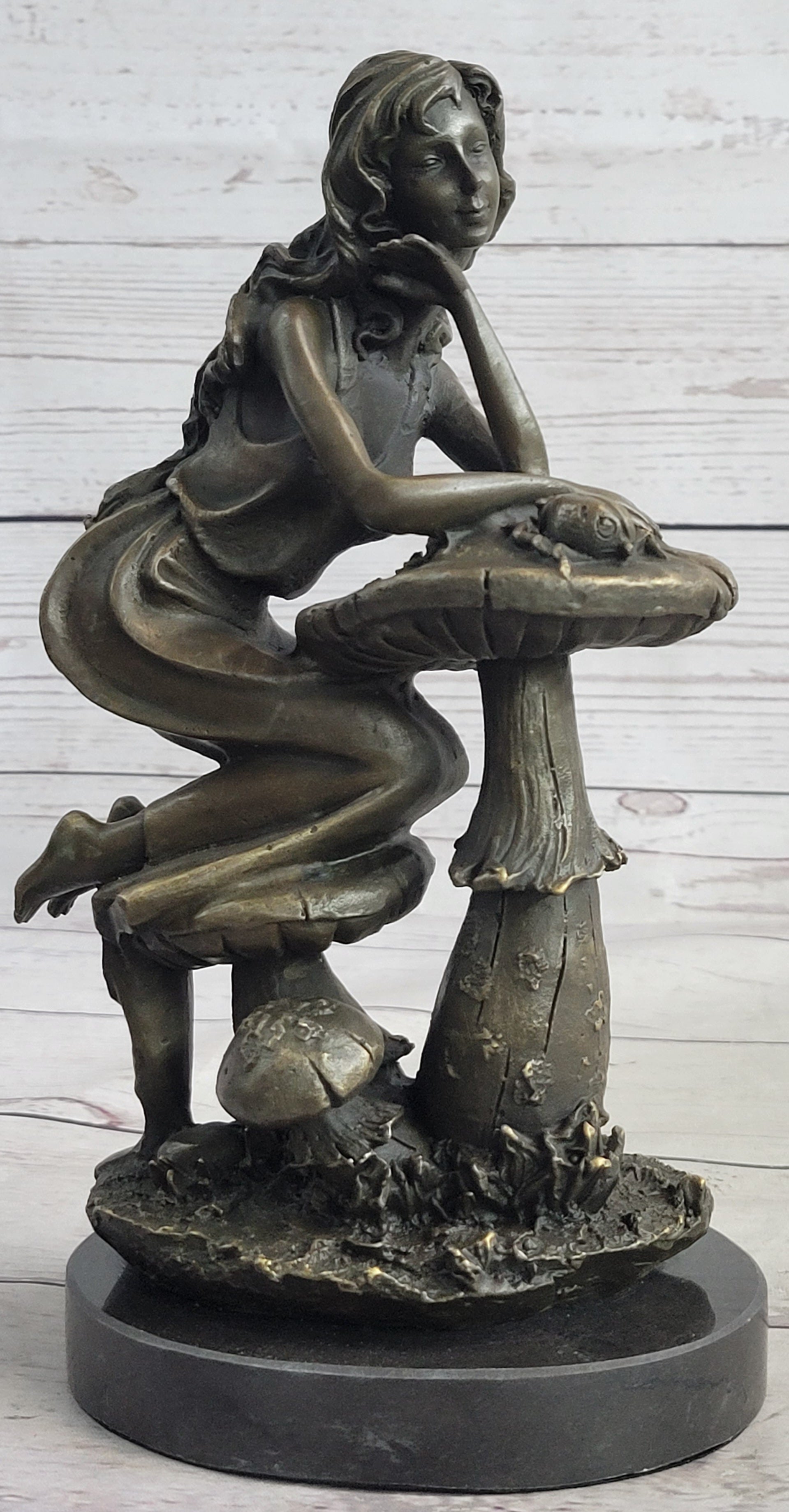 Girl Sitting on Mushroom Toadstool Alice Wonderland Bronze 10" x 5"