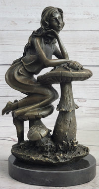 Girl Sitting on Mushroom Toadstool Alice Wonderland Bronze 10" x 5"