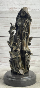 Nymph Girl Among the Flowers Bronze Sculpture on Marble Base