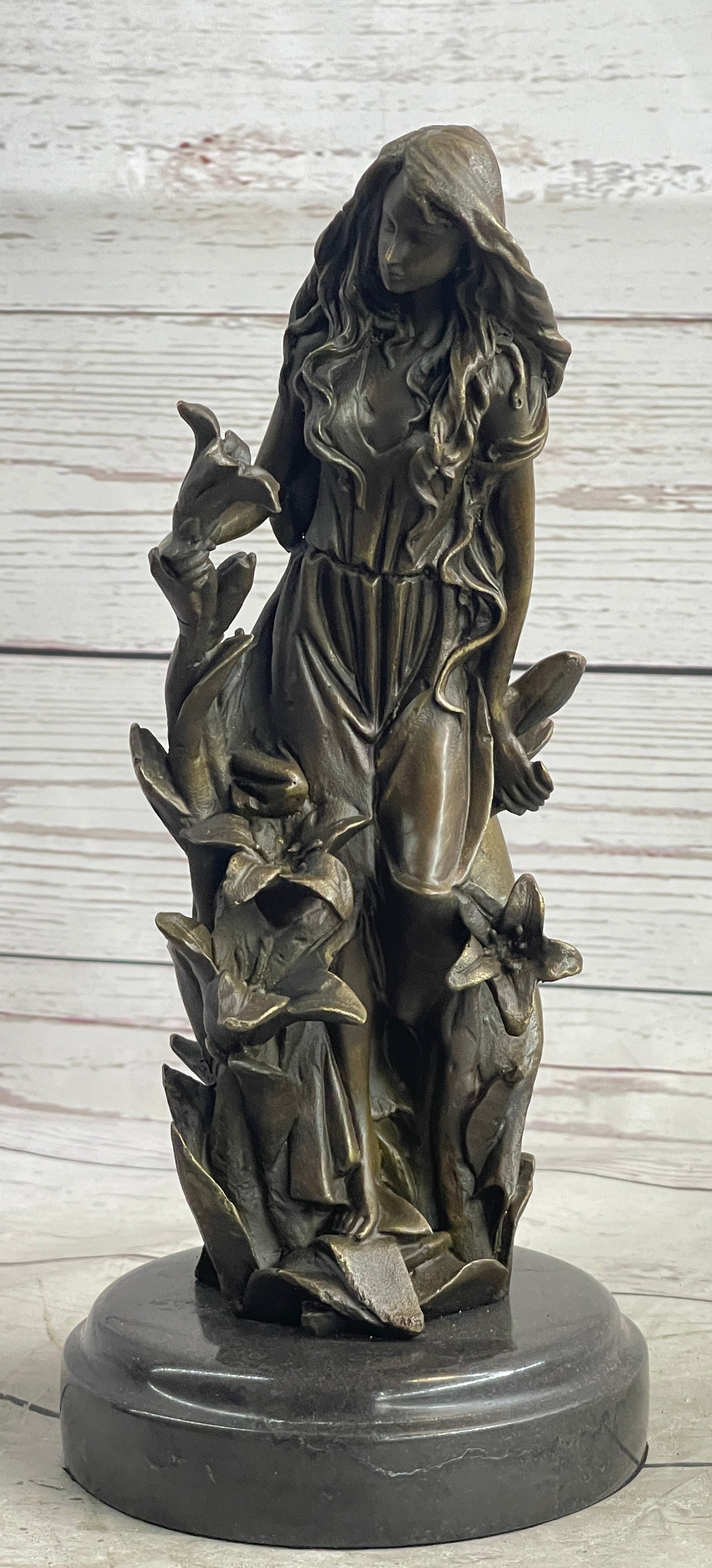 Nymph Girl Among the Flowers Bronze Sculpture on Marble Base