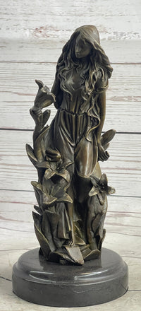 Nymph Girl Among the Flowers Bronze Sculpture on Marble Base