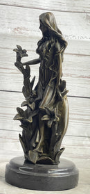 Nymph Girl Among the Flowers Bronze Sculpture on Marble Base