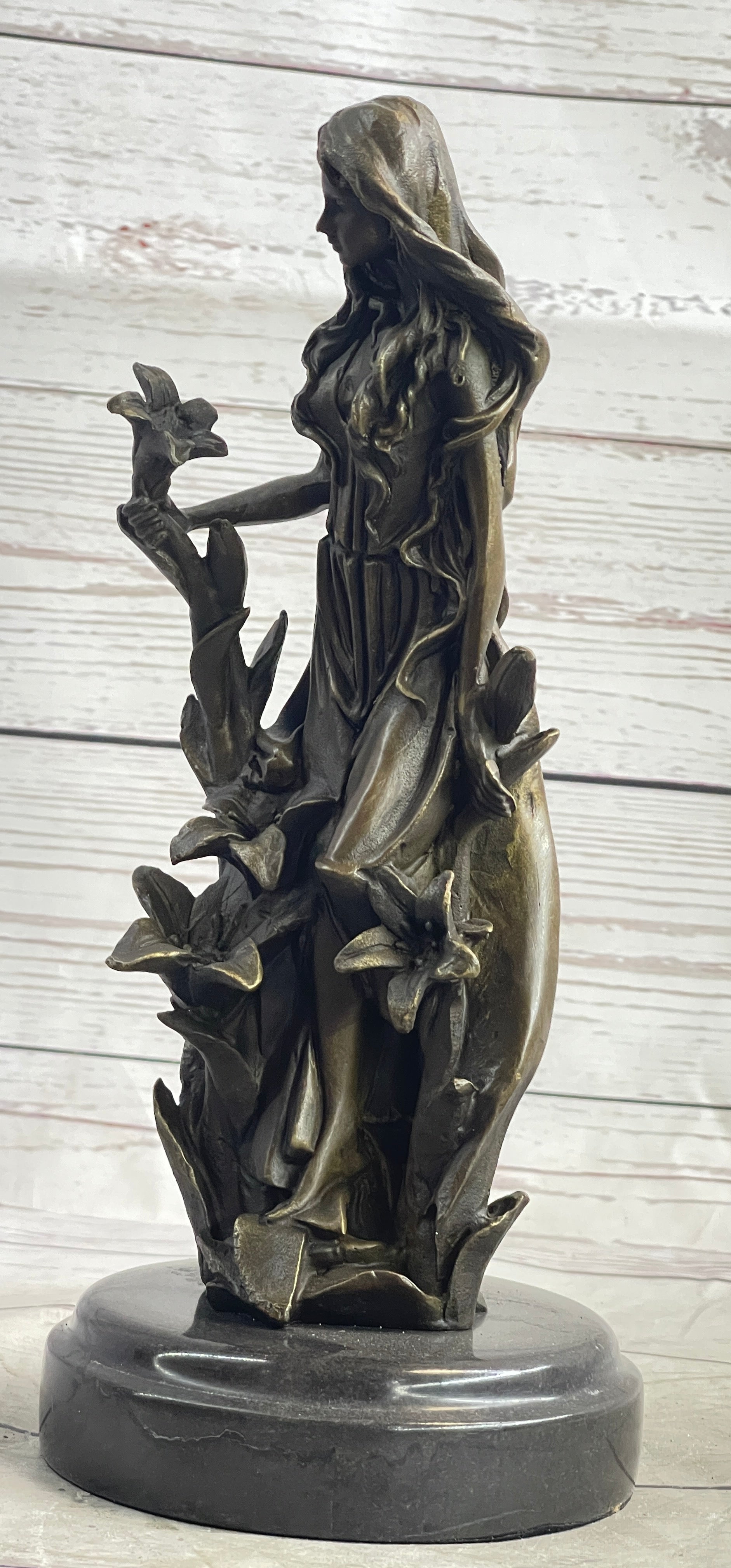Nymph Girl Among the Flowers Bronze Sculpture on Marble Base