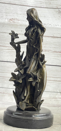 Nymph Girl Among the Flowers Bronze Sculpture on Marble Base