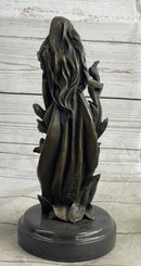 Nymph Girl Among the Flowers Bronze Sculpture on Marble Base