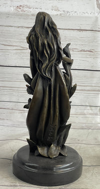 Nymph Girl Among the Flowers Bronze Sculpture on Marble Base