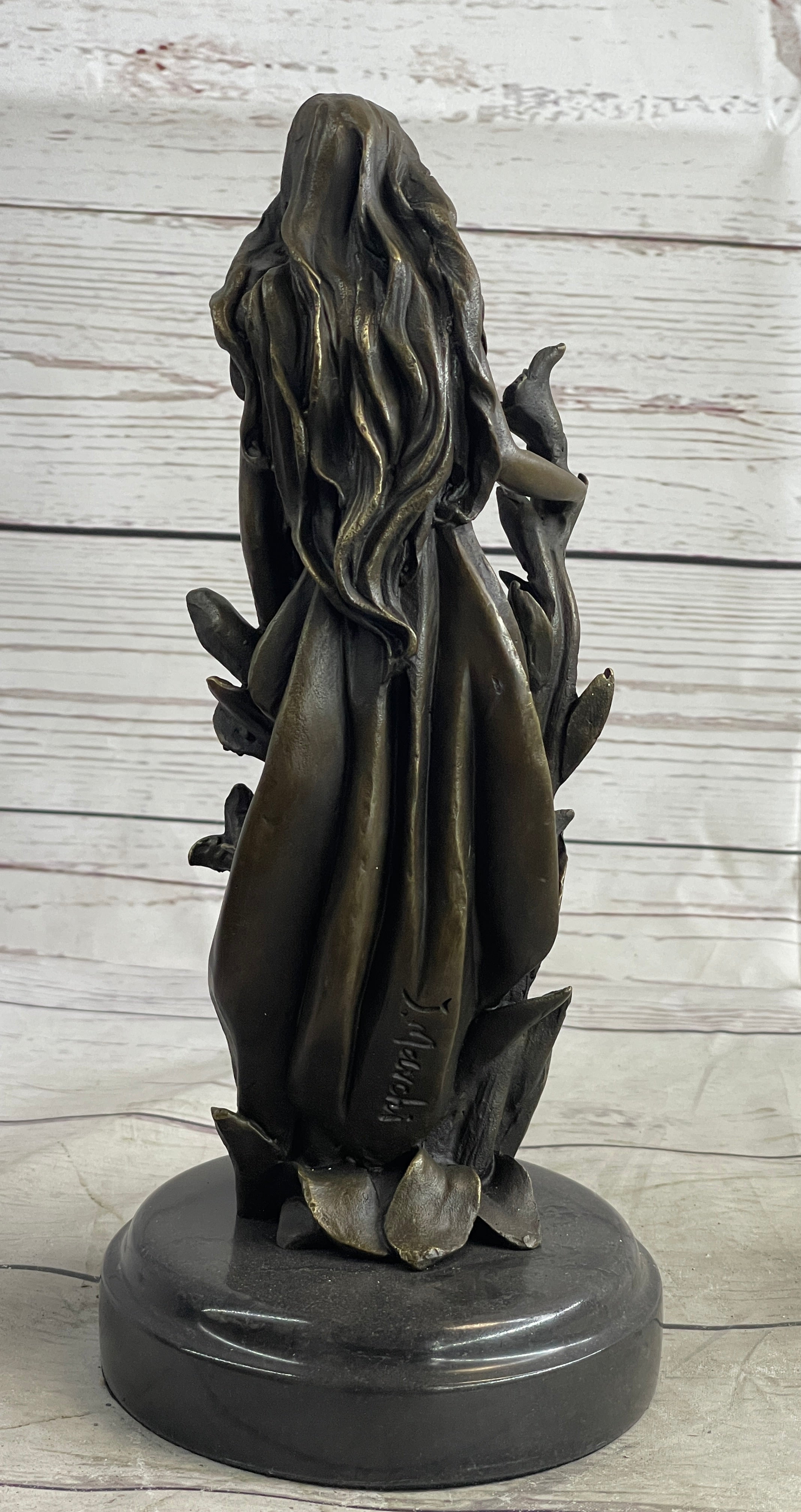 Nymph Girl Among the Flowers Bronze Sculpture on Marble Base