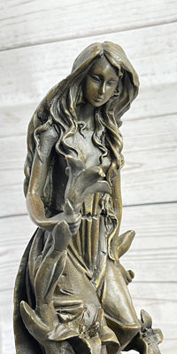 Nymph Girl Among the Flowers Bronze Sculpture on Marble Base