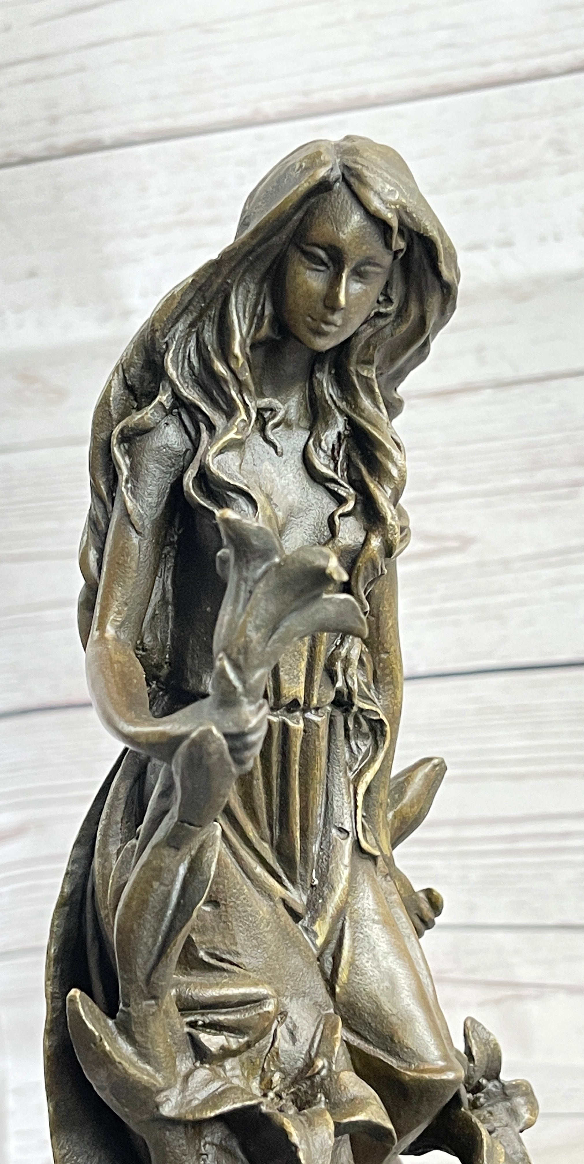 Nymph Girl Among the Flowers Bronze Sculpture on Marble Base