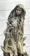 Nymph Girl Among the Flowers Bronze Sculpture on Marble Base