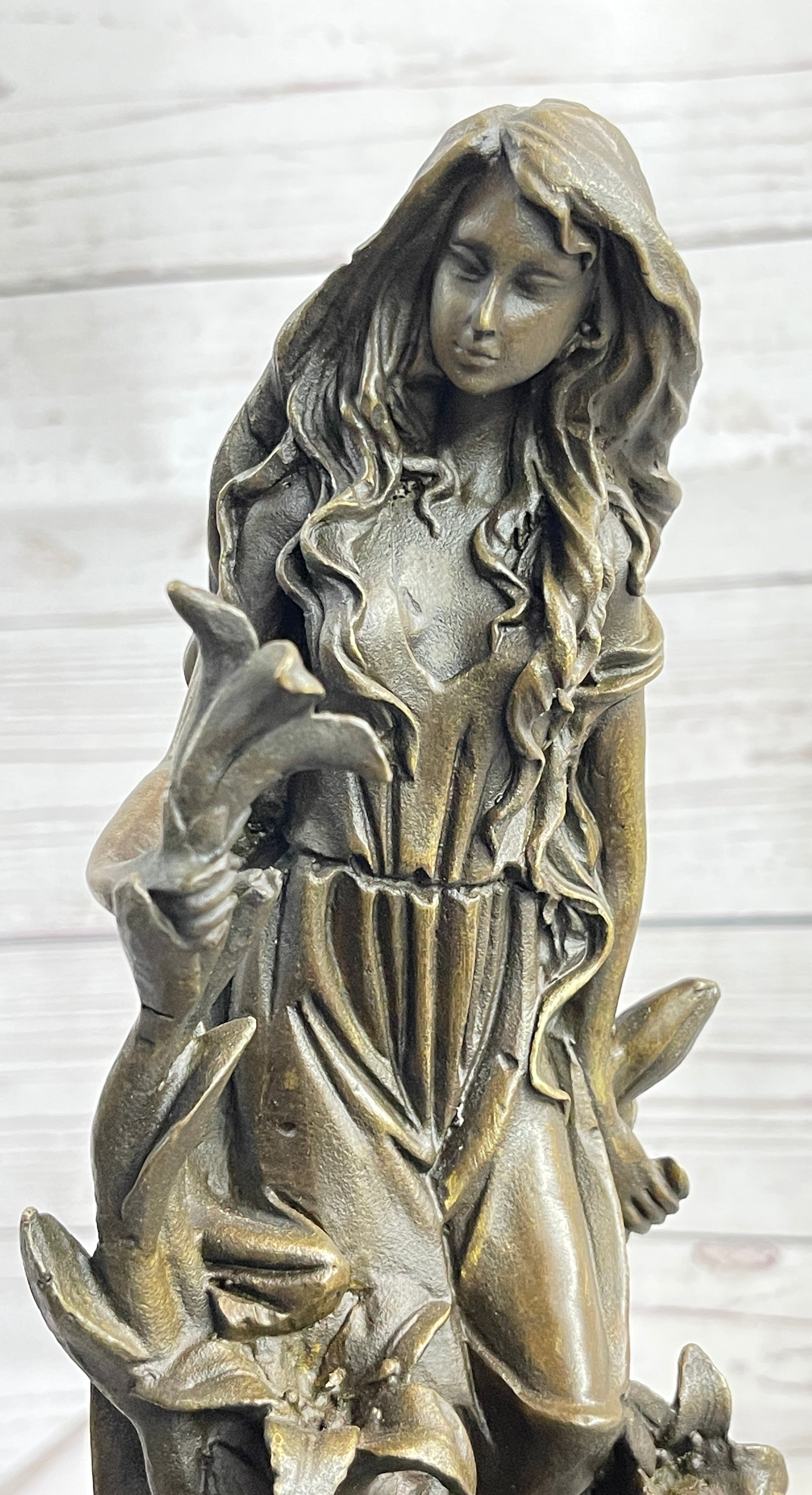 Nymph Girl Among the Flowers Bronze Sculpture on Marble Base