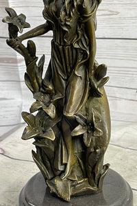 Nymph Girl Among the Flowers Bronze Sculpture on Marble Base