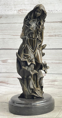 Nymph Girl Among the Flowers Bronze Sculpture on Marble Base
