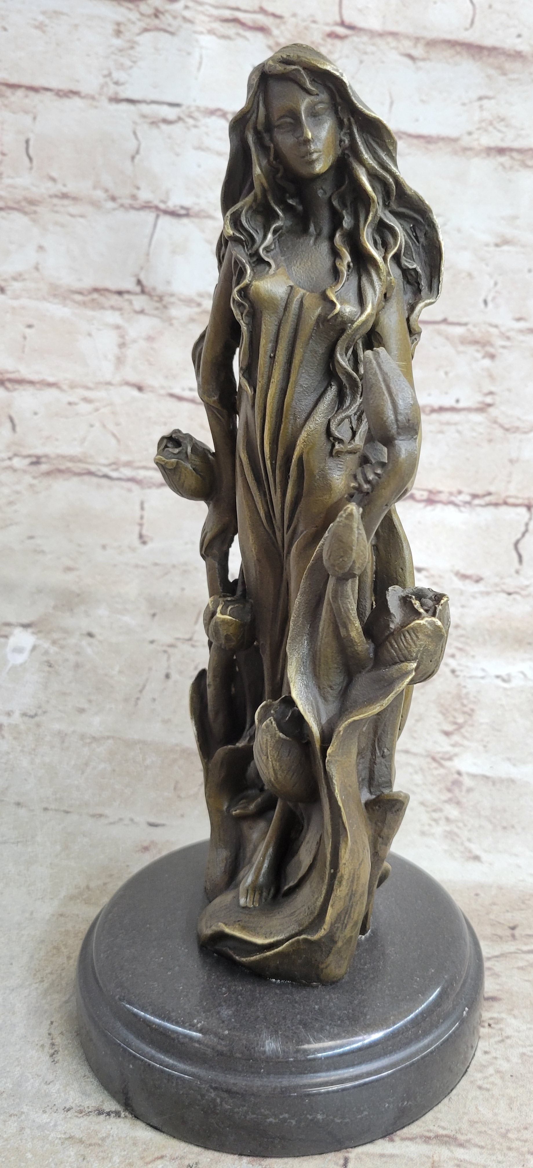Western 100% Pure Bronze Marble Art Flower Girl Sculpture