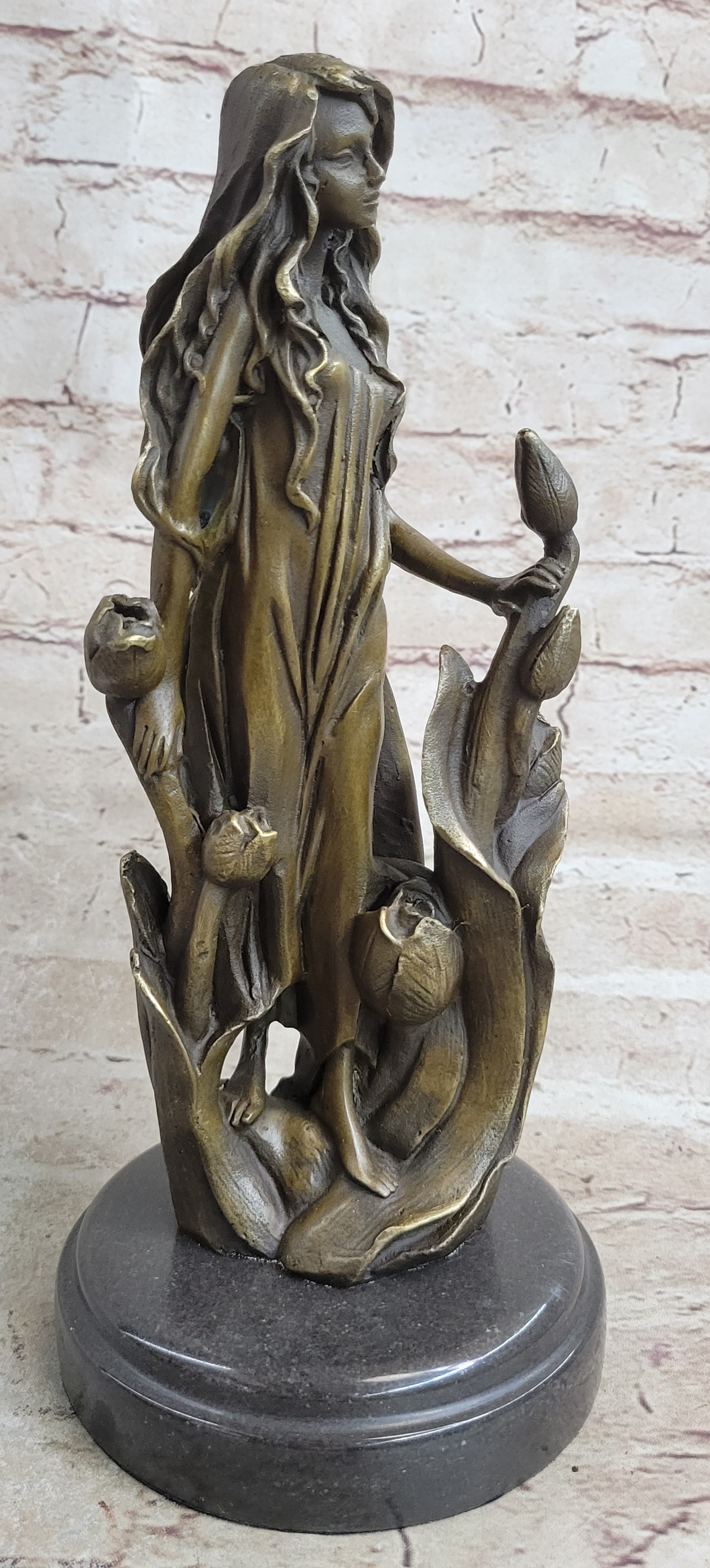 Western 100% Pure Bronze Marble Art Flower Girl Sculpture