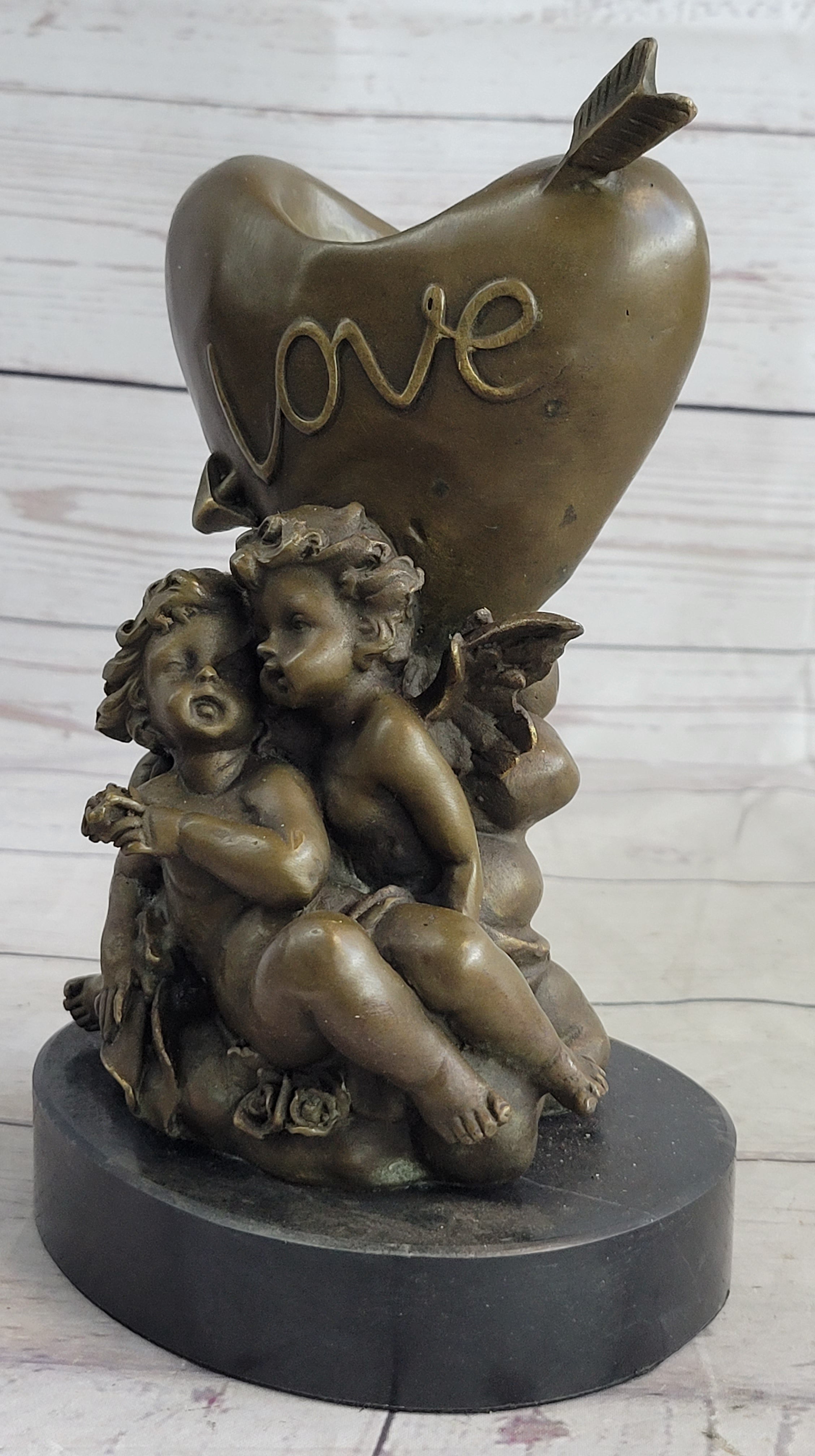 Bronze Candle Holder Cherubim Hearts Love 9" x 6"