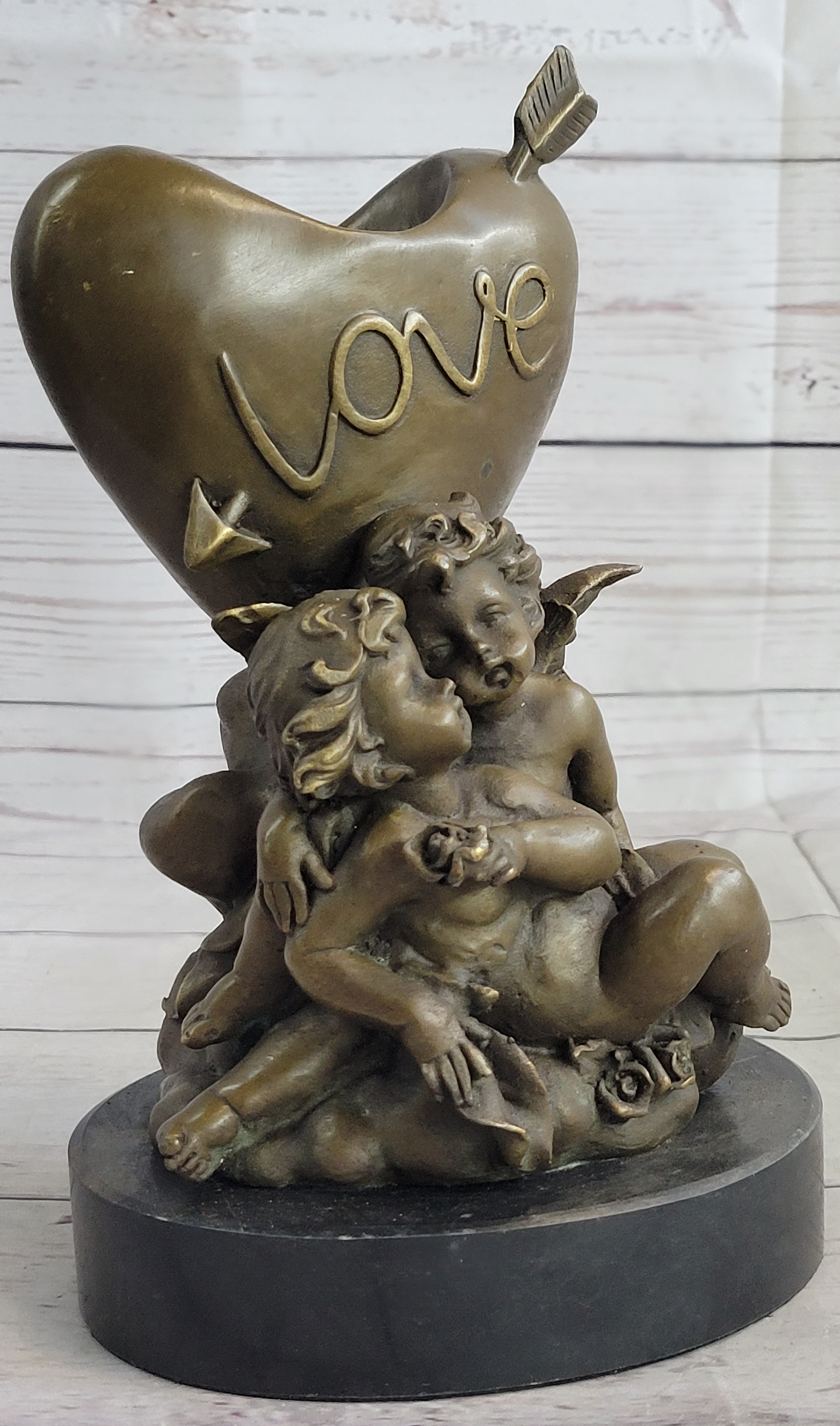 Bronze Candle Holder Cherubim Hearts Love 9" x 6"