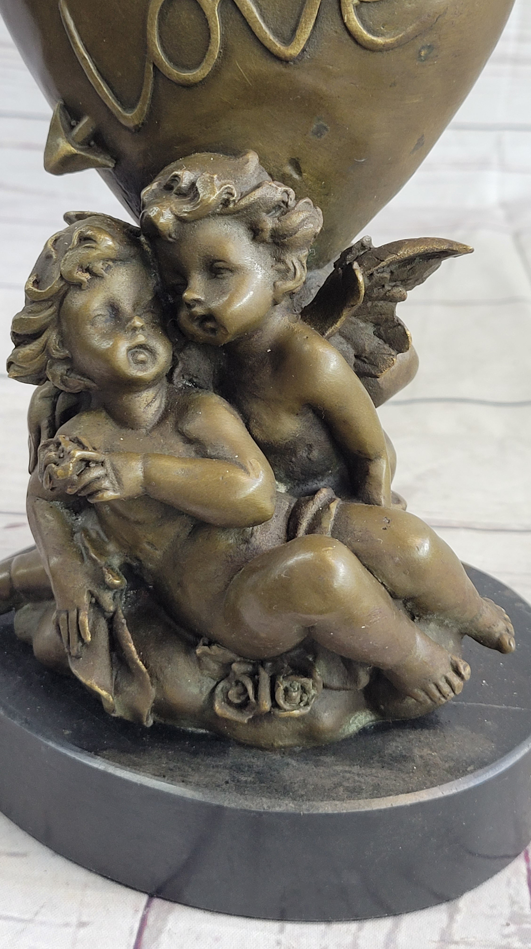 Bronze Candle Holder Cherubim Hearts Love 9" x 6"