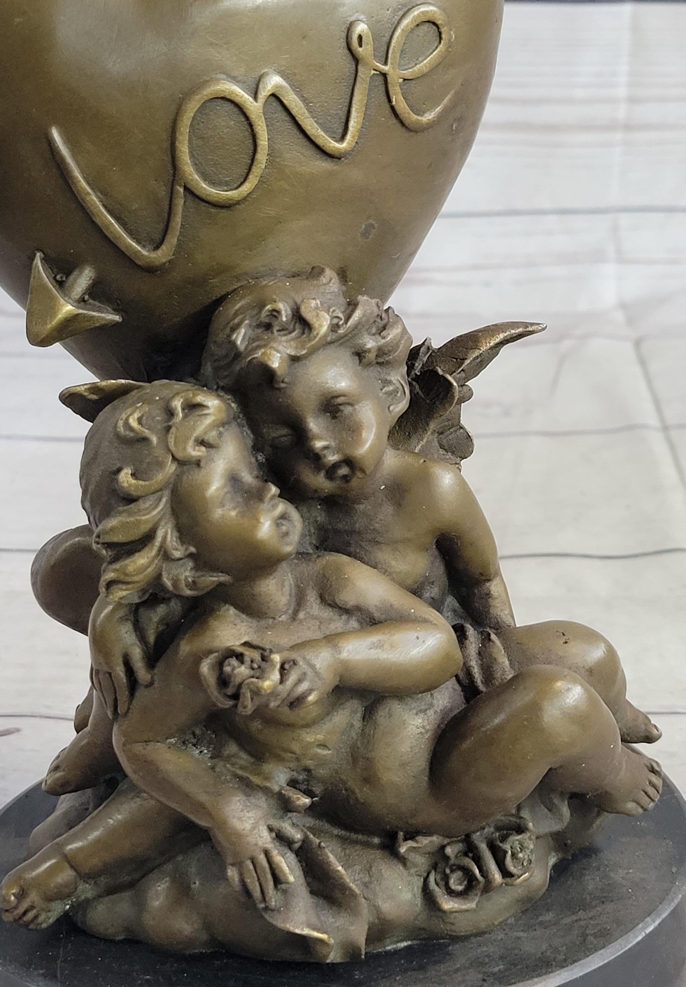 Bronze Candle Holder Cherubim Hearts Love 9" x 6"