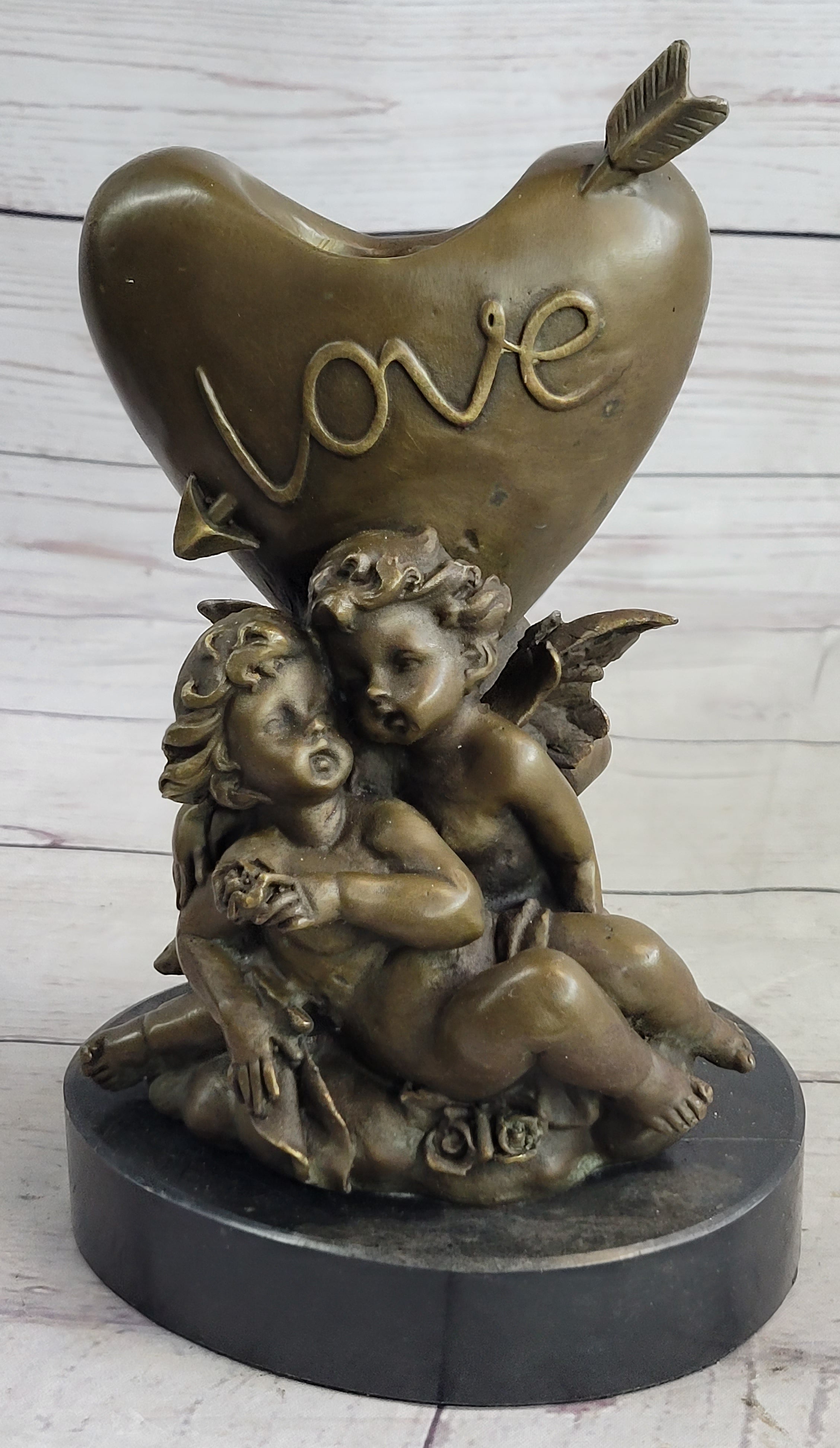 Bronze Candle Holder Cherubim Hearts Love 9" x 6"