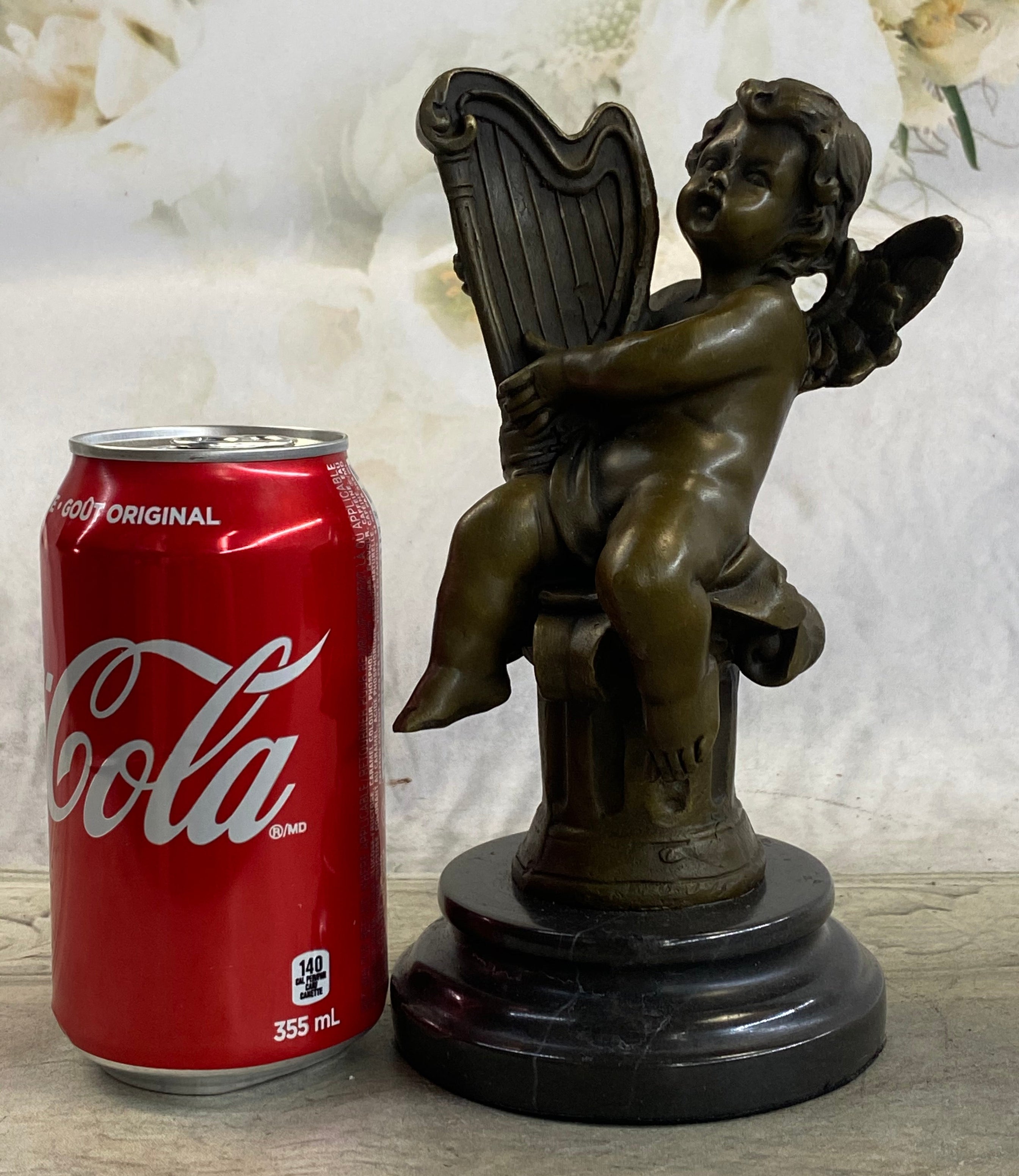Bronze Cherub Playing Harp Sculpture Moreau 8" x 5"