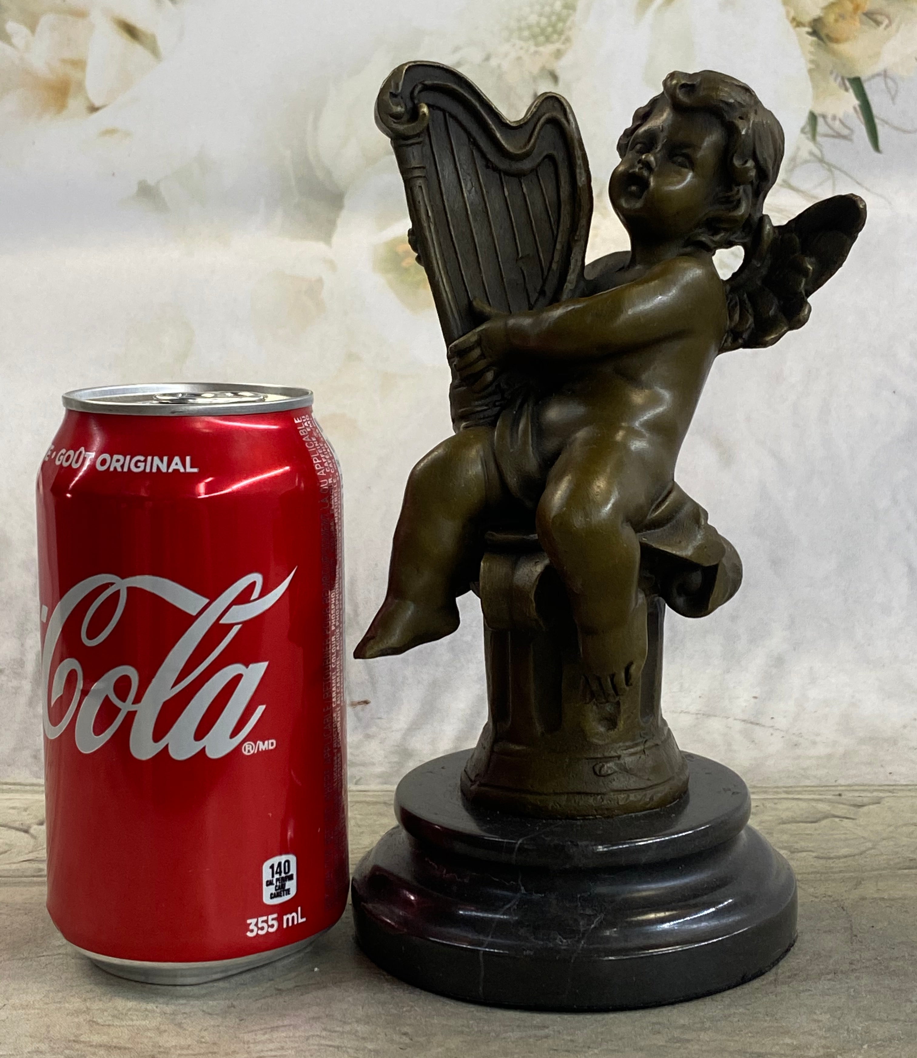 Bronze Cherub Playing Harp Sculpture Moreau 8" x 5"